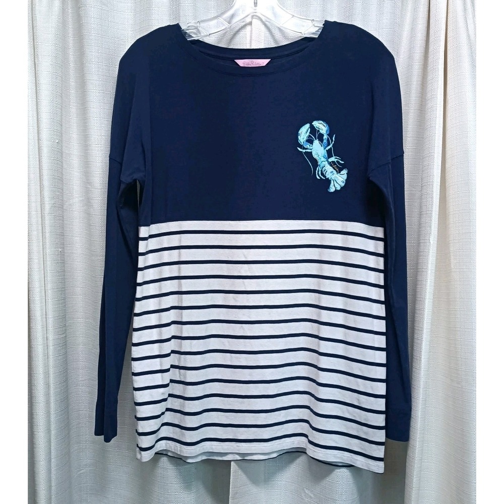Lilly Pulitzer Finn Top Womens XS‎ Navy White Stripe Lobster Print Coastal